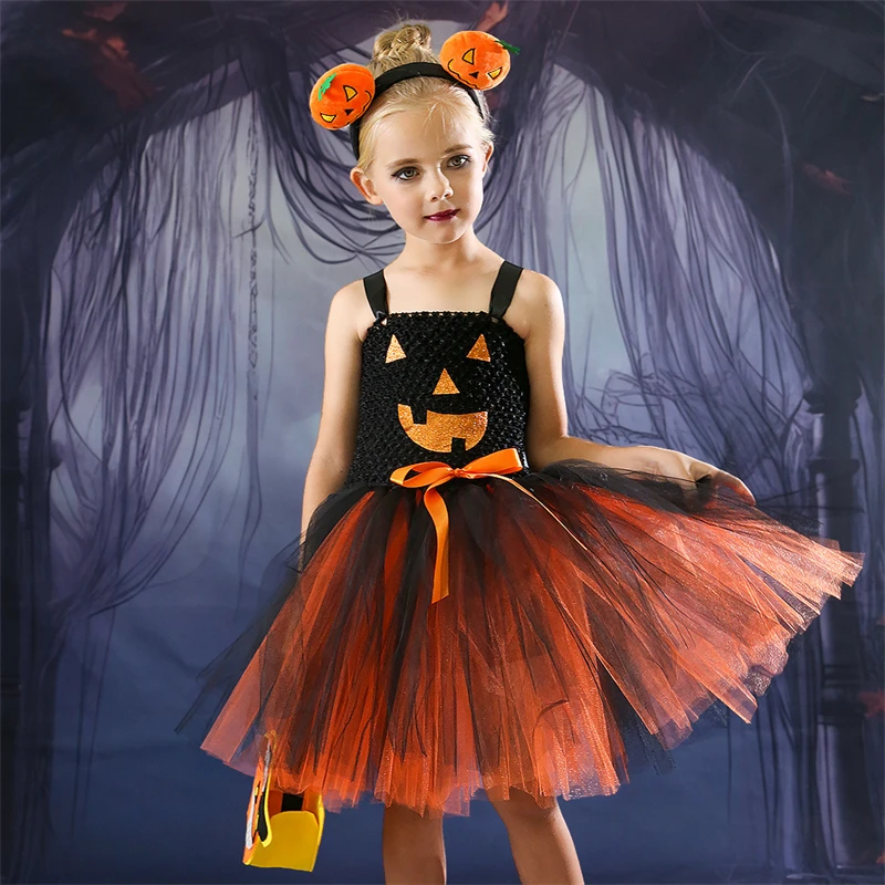 

New Halloween Girls Costumes Cosplay Pumpkin Masquerade Fancy Tutu Dress Witch Princess Dresses Purim Carnival Party Dress Up