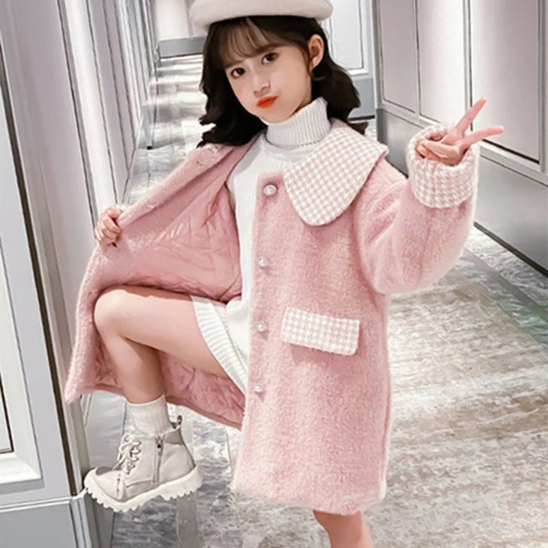 

Girls Woolen Coat Jacket Outwear 2022 Princess Warm Plus Thicken Spring Autumn Cotton Overcoat Teenager Tops School Children's C