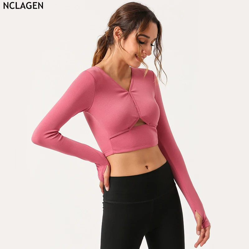 

NCLAGEN Yoga Long Sleeve V Neck Shirt New Sports Tops Gym Women Running Breathable Quick Dry Push-up Sexy Workout Fitness Blouse