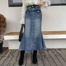 Retro Denim Skirt Womens Autumn Mid-length High-waist A-line Covering Meat Design Sense Rear Split Hip Fishtail Skirt