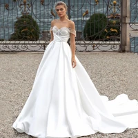 eightre white wedding dresses off the shoulder pearls bridal dress satin princess wedding evening gowns floor length plus size