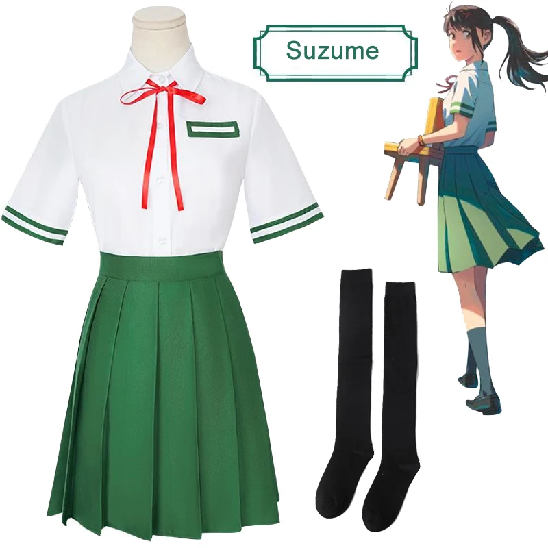 

Japan Anime Suzume Cosplay Iwado Suzume School Uniform Girls JK Uniform Green Skirt Shirt Women Halloween Carnival Party Clothes