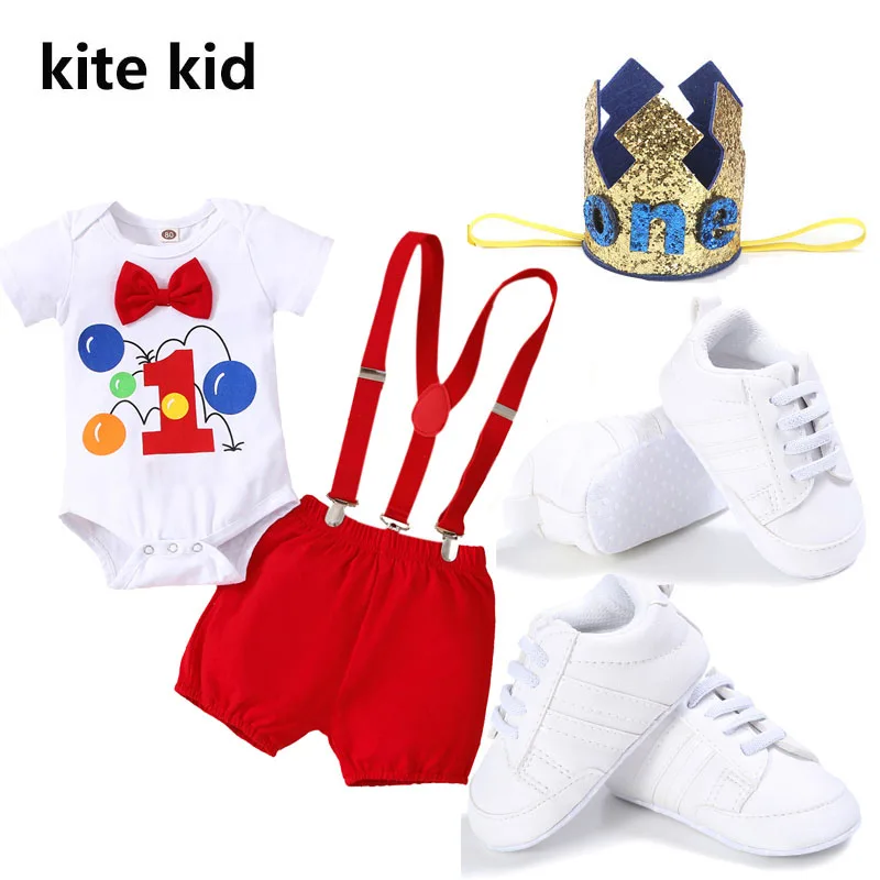 

4pcs Set Cake Smash Outfit Baby Boy Girl Clothes for First Birthday Photograph Short Sleeve Romper Suspender
