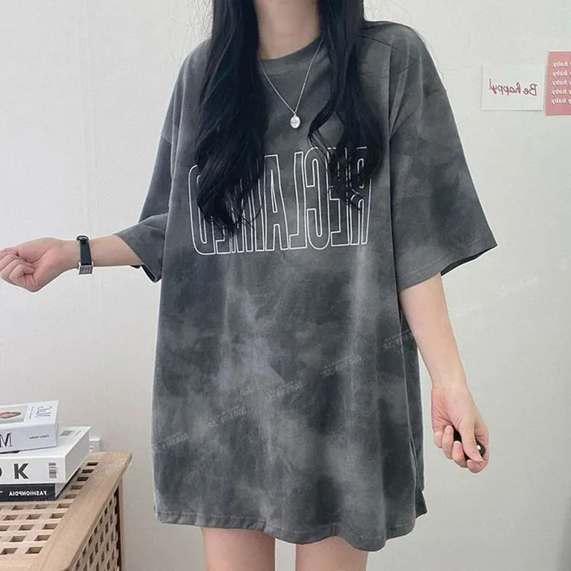 

Hdspq Oversize Tie Dye Short Sleeve T-Shirt Women 2023 Summer Casual Loose O Neck Shirts Woman Korean Style Tee Tops Streetwear