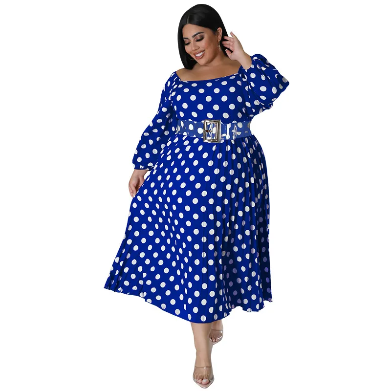 Plus Size Dress Long Sleeve Mid-Calf Belt Lantern Sleeve Square Collar Party Dresses Evening Dresses Elegant Dresses for Women