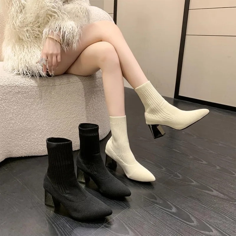 

Women's Boots 2023 New Winter Fashion Simple High Heel Pointed Knitted Soft Elastic Comfortable Breathable Rubber Sole 2023 New