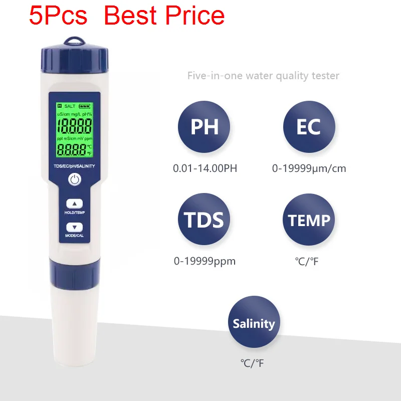 

5Pcs/lot 5 In 1 Digital Temperature Meter TDS/EC/PH/Salinity Water Quality Monitor Tester For Pools, Drinking Water, Aquariums
