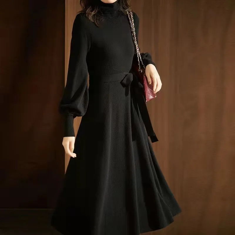 

New Women Long Sweater DressParty Dresses Knitwear Autumn Winter Knitted A Line Dress Turtleneck Solid Christmas 2022