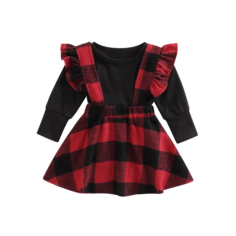 

1-4Y Little Girl's Christmas Skirt Set Round Neck Long Sleeve Solid Color Tops + Plaid Suspender Skirt Tracksuit For Children