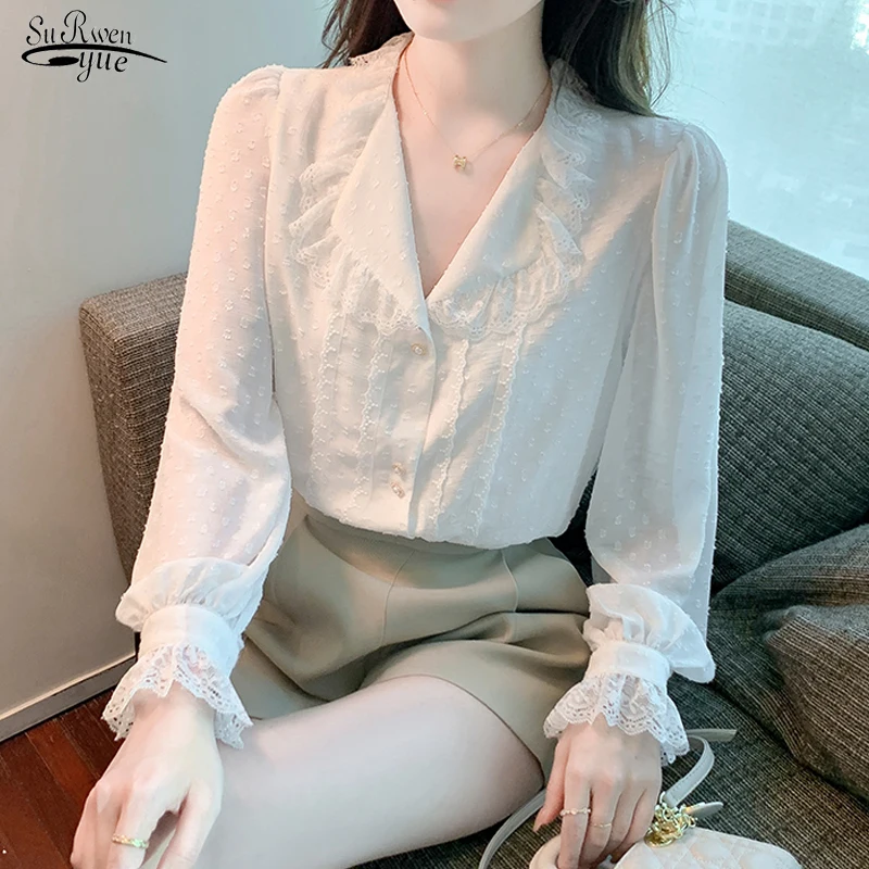 

Французская нежная романтическая белая рубашка, модные топы, элегантная кружевная блузка с длинными рукавами-фонариками и отложным воротн...