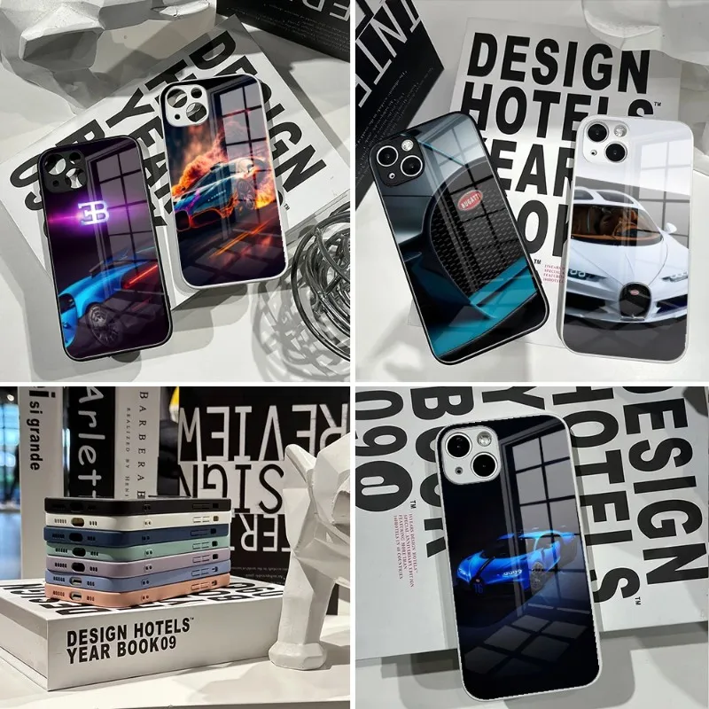

Роскошный автомобильный чехол для телефона Bugatti 2023 для IPhone 14Pro 13 11 12 XR XS MAX 7/8 X Plus 13 черно-белые стеклянные Чехлы для пар