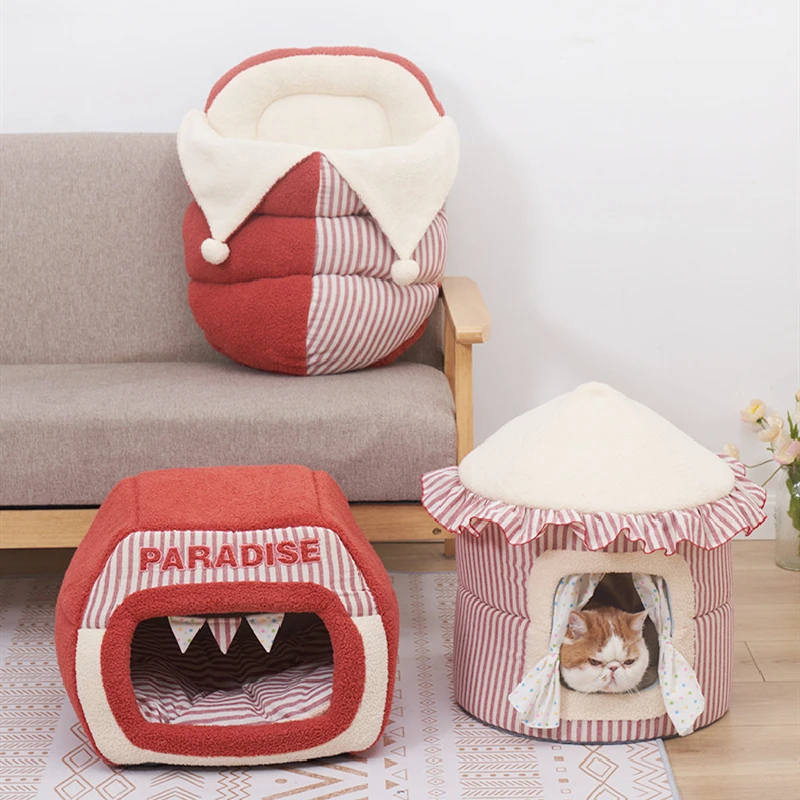 NEW! Circus Pet Bed Sleep House Warm Mushroom Cave Dog Kennel Removable Cushion Pad Soft Indoor Enclosed Tent Huts Sofa for Pets