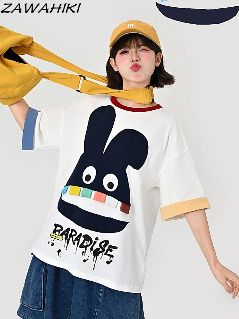 

Летняя Свободная Повседневная Лоскутная футболка zawхиты контрастных цветов с коротким рукавом с мультипликационным графическим принтом букв шикарные милые топы с круглым вырезом