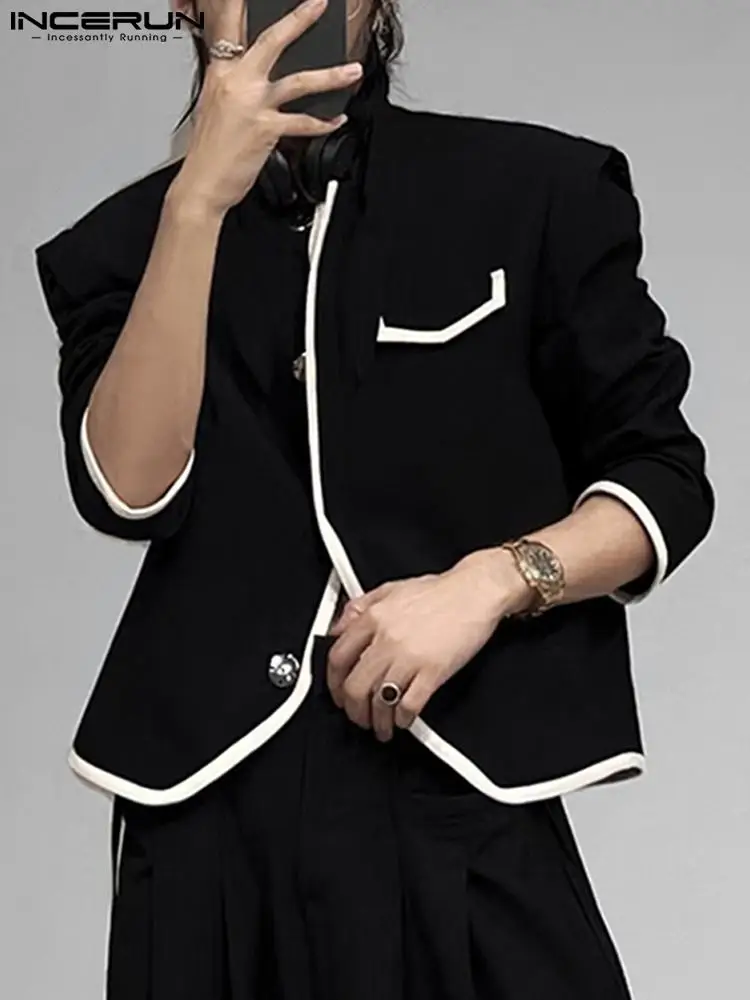 

INCERUN 2022 Men Jackets Patchwork O-neck Long Sleeve Autumn Button Thin Coats Men Streetwear Fashion Casual Outerwear S-5XL