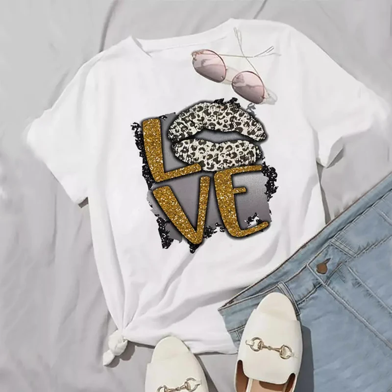 

New Fashion Summer Leopard Gold Love Letter Plus Size S-5XL O-neck Short Sleeve Women's Casual Loose Top Dropshipping T-shirt
