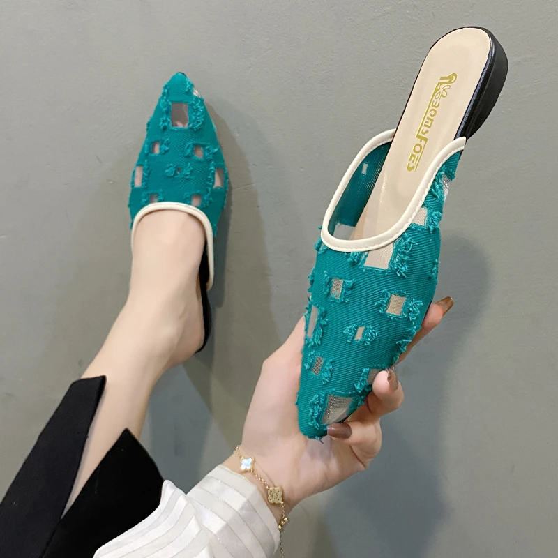 

Woman Mules Shoes Outdoor Women Slippers Female Lace Pointed Toe Shallow Low-heel Casual Comfortable Sandals Slides Flip Flops