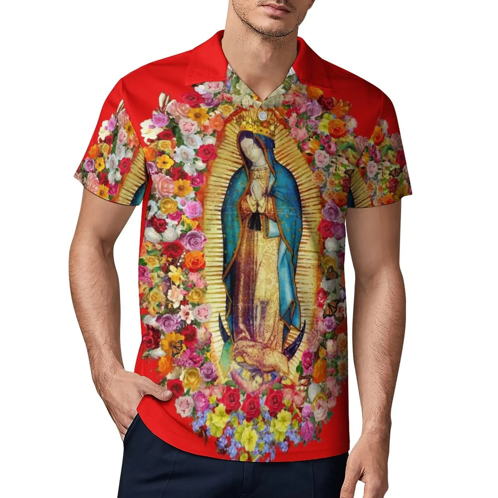 

Повседневная рубашка-поло Мексиканская Дева Мария, футболки с изображением нашей леди Гуадалупе, рубашка с коротким рукавом, рубашки-поло о...