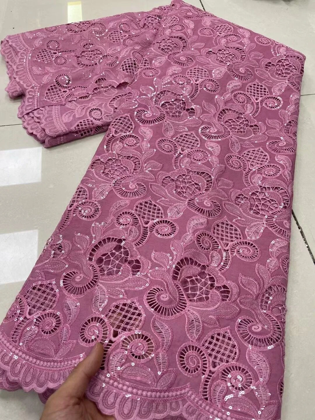 

2023 Latest High Quality African Nigerian Pure Tulle Damask Lace Fabric Embroidery Party Dress Sequins Cotton 5yards