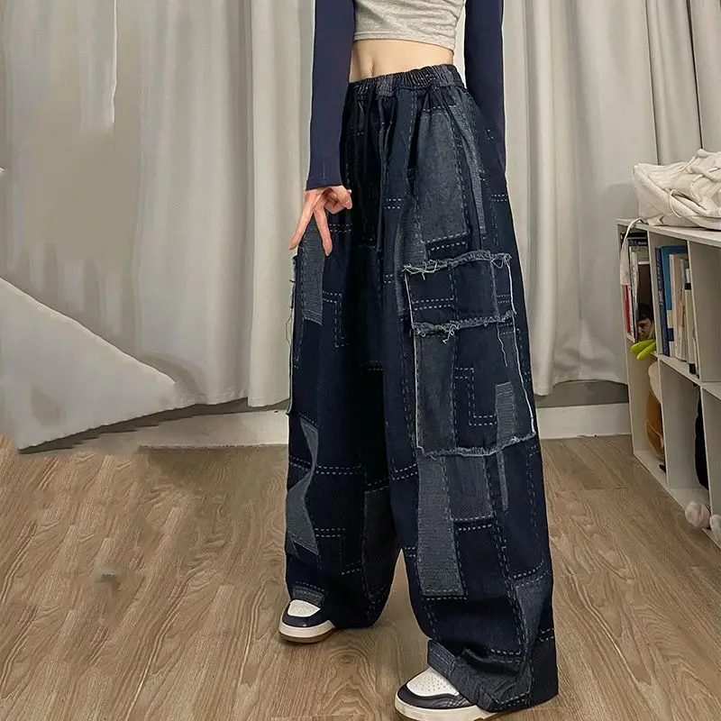 Woman Jeans Japanese Chic Wide Leg Pants Vintage Patchwork Plaid Pocket Trousers Streetwear Y2k Clothes Pantalon 2022 New