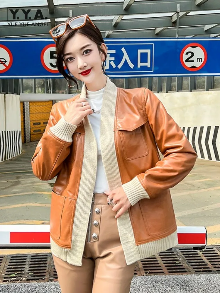 

Women Genuine Leather Cardigan Jacket Spring Long Sleeve Spliced Knit V-Neck High Street Casual Sheepskin Coat Fashion Outerwear