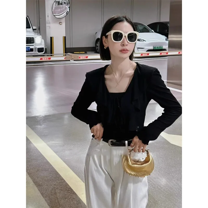 New Women's Long Sleeve T-Shirt From Dongguan 024 Nanyou Slimming Top With Ruffle Edge And Sweet Tie-Up Design For Smooth Sihoue