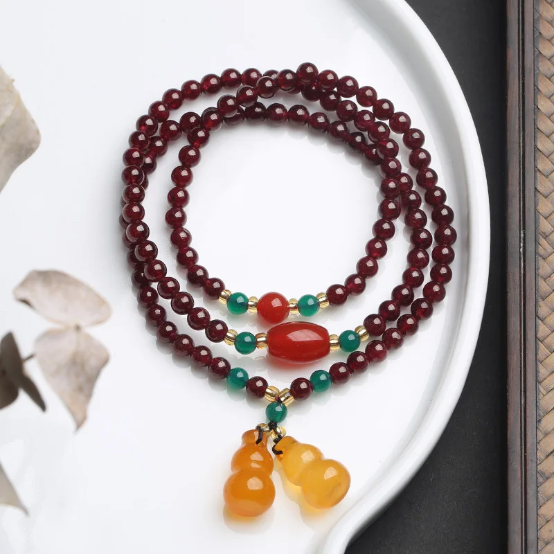

Natural Red Garnet Beads Bracelet For Women With Jade Gourd Pendant Bohemian Style Casual Jewelry Girl's Free Size Accessories