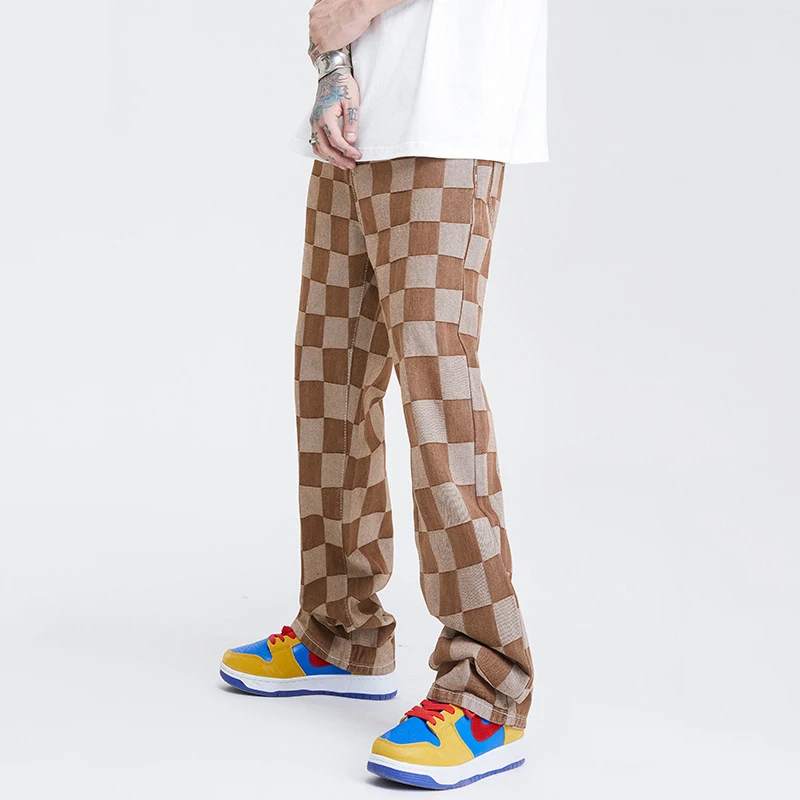Men's Jeans Checkerboard Printed Pants Korean Version of The Trend of Loose Straight Street Casual Wide-leg Pants Ins Hot Sale
