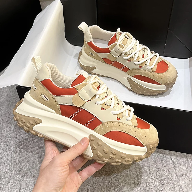 Autuspin 5cm Platform Mixed Colors Women Sneakers 2023 Retro Genuine Leather Four Season Vulcanize Shoes Casual Outdoor Size 39