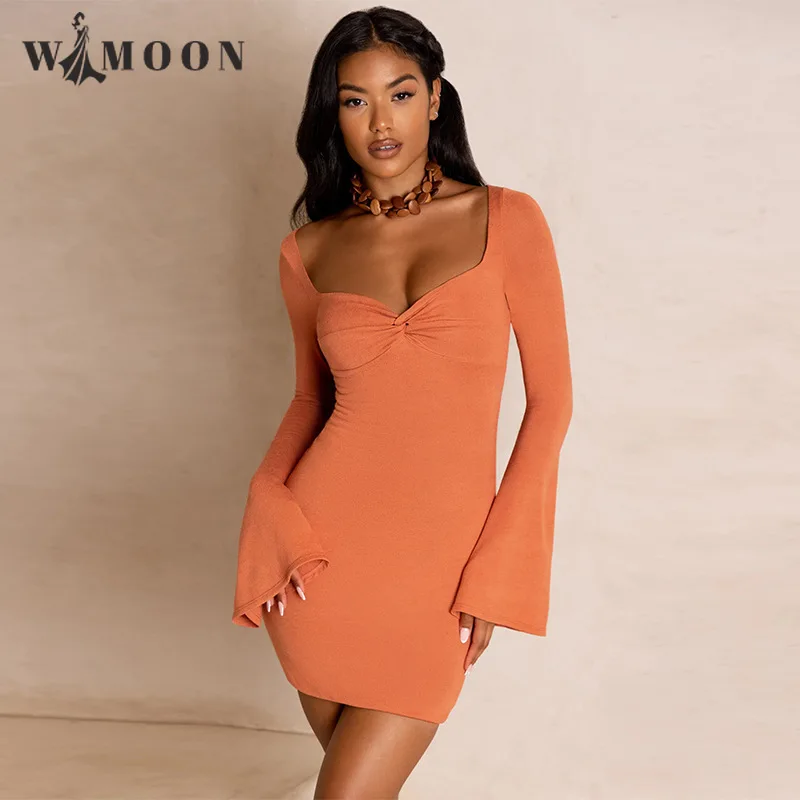 

2021 Autumn New Women's Fashion Trumpet Sleeve Collar Sexy Low-cut Flare Sleeve V-Neck High Street Pencil Dress for Women