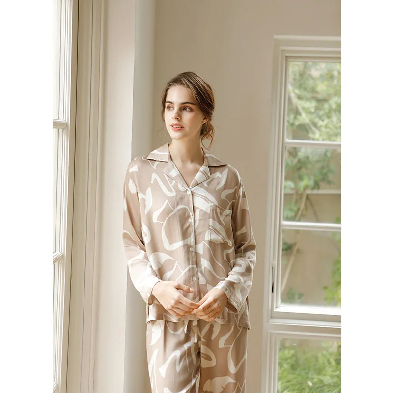 Fashion Light Brown Color Printed Cotton Pijamas for Ladies Long-Sleeved Trousers Homewear Sleeping Pajamas Suit Pjamas