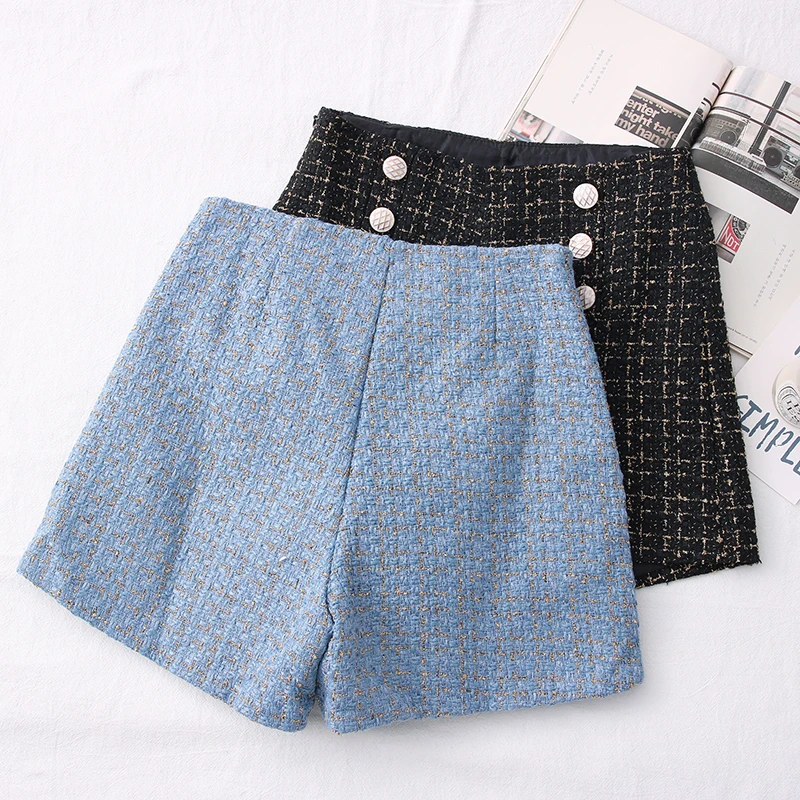 2023 Spring New Fashion Versatile Tweed High Waist Slimming Plaid Double Breasted Shorts Wide Leg Short Pants for Women