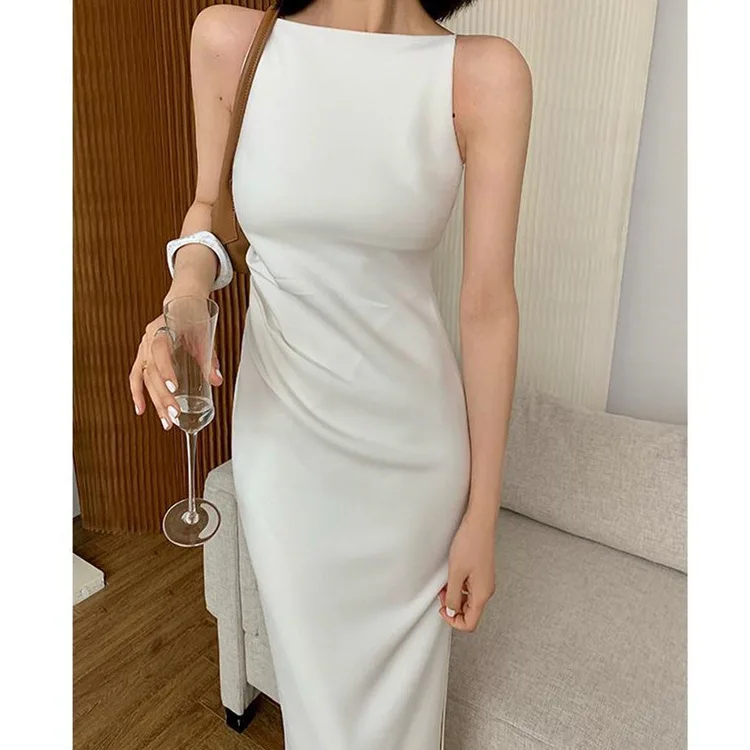 

2022 New Suspender Dress Sleeveless Silk Dress Formal Dress Design Sense French Style Slash Neck Celebrity High End Silk Dress