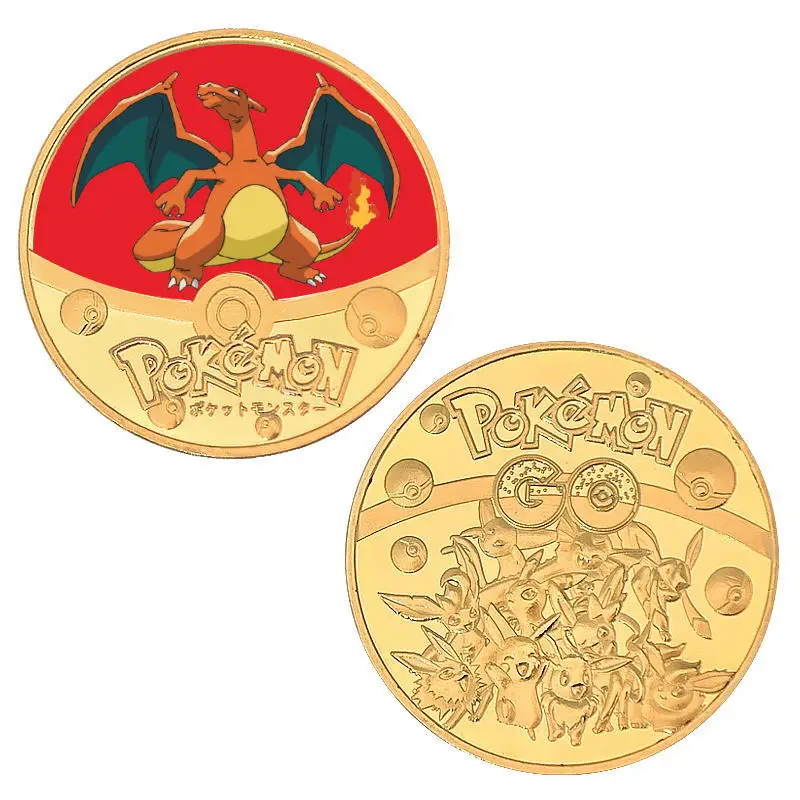 Pokemon Anime Gold Plated Commemorative Coin Small Fire Dragon Pikachu Gold Coin Pokemon Card Children's Toy Collection Gift