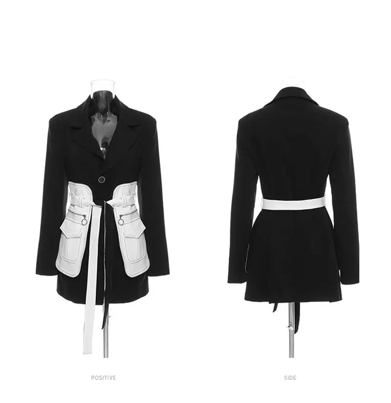 Women's 2023 Spring New Fashion Personality Black Contrast White  Waist Wrapped Mid Length Suit Coat images - 6