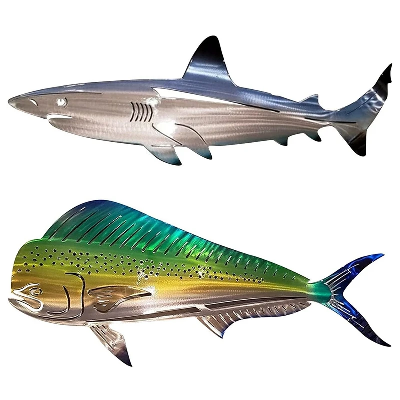 

2 Pcs Shark Metal Wall Art Decor Marine Fish Outdoor Wall Hanging Ornaments Nautical Ocean Fish Decorations, A & D