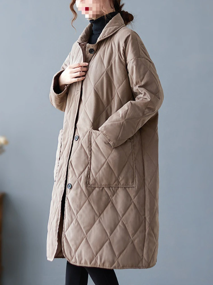 

Зимняя одежда для женщин 2022 однотонное однобортное пальто из хлопка в клетку с отложным воротником женское длинное хлопковое пальто парки
