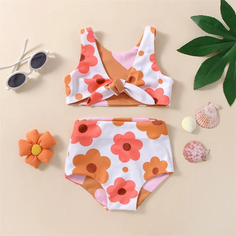 

EWODOS 2-4 Years Baby Kids Girls Summer Floral Print Swimsuit Cute Sleeveless V-neck Knotted Tops with Briefs Beach Bikini Set