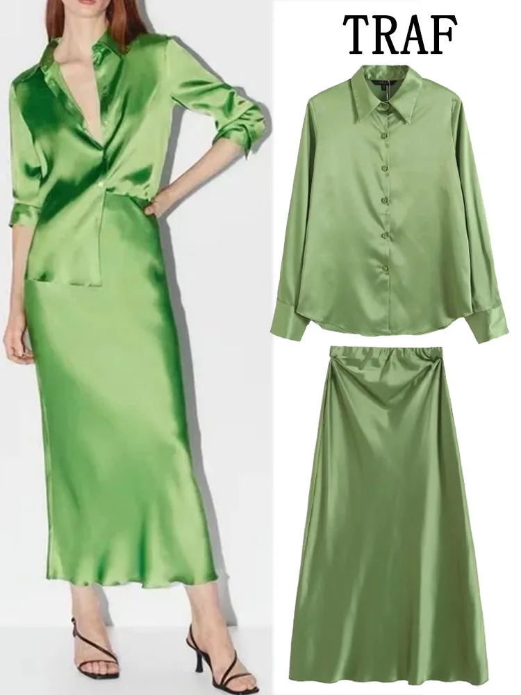 

Женская однотонная атласная рубашка с длинным рукавом и длинная юбка, 2 шт.