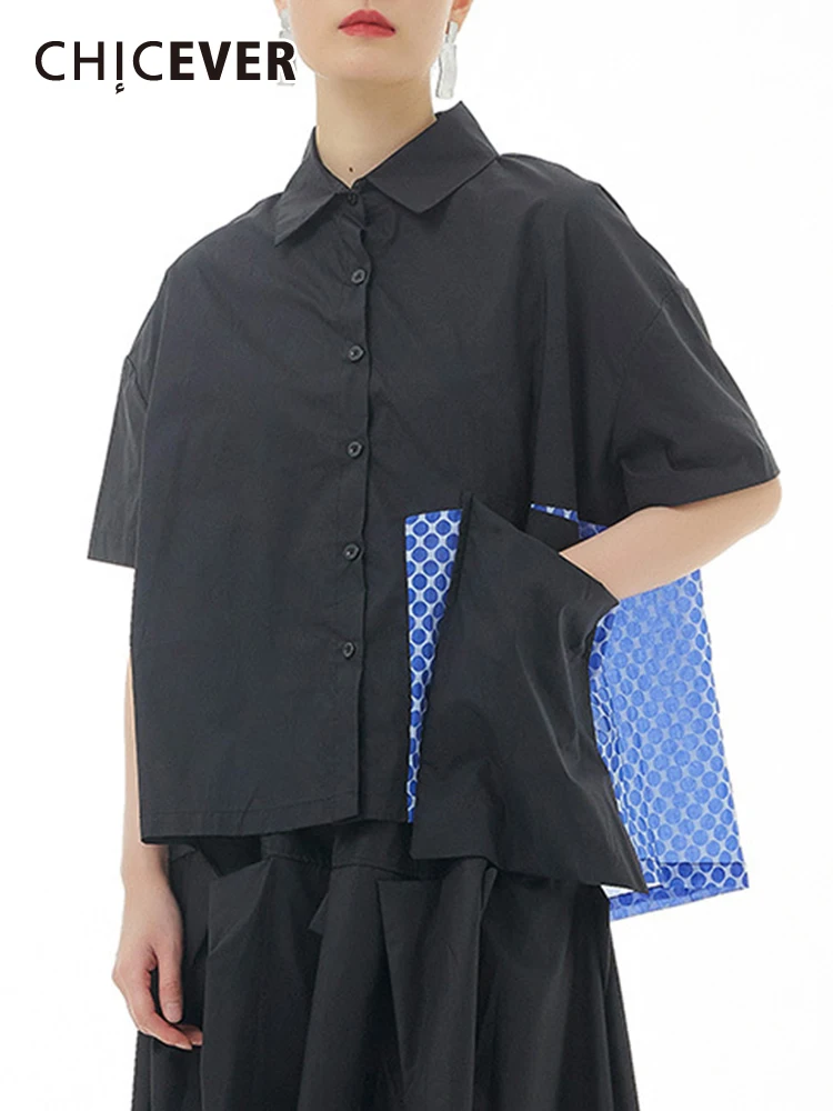 

CHICEVER Casual Shirts For Women Lapel Short Sleeve Single Breasted Patchwork Lightweight Solid Blouse Female Summer 2022 New