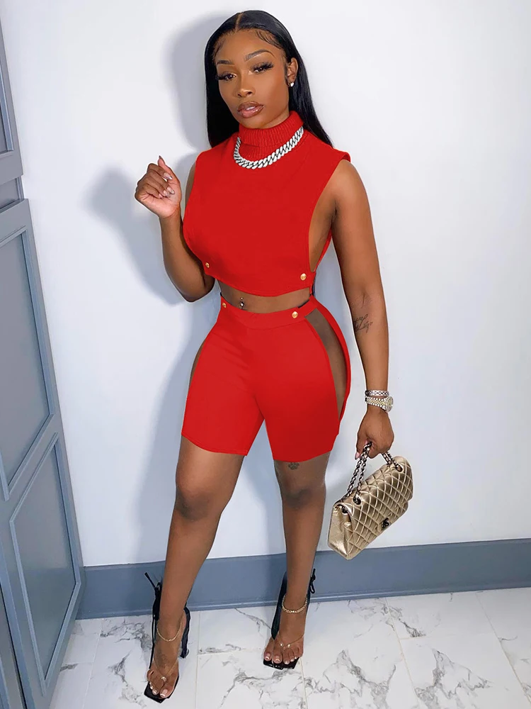 

Streetwear Two Piece Short Sets Women Sexy Sleeveless Side Hollow Bandage Crop Top+solid Stretchy Shorts Female Matching Outfits