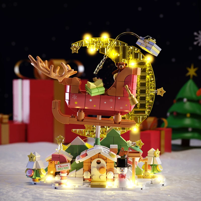 

Rockable Santa's Reindeer Sleigh Blocks Christmas Flying Elk Carriage Interior Decoration Building Blocks Bricks Christmas gift