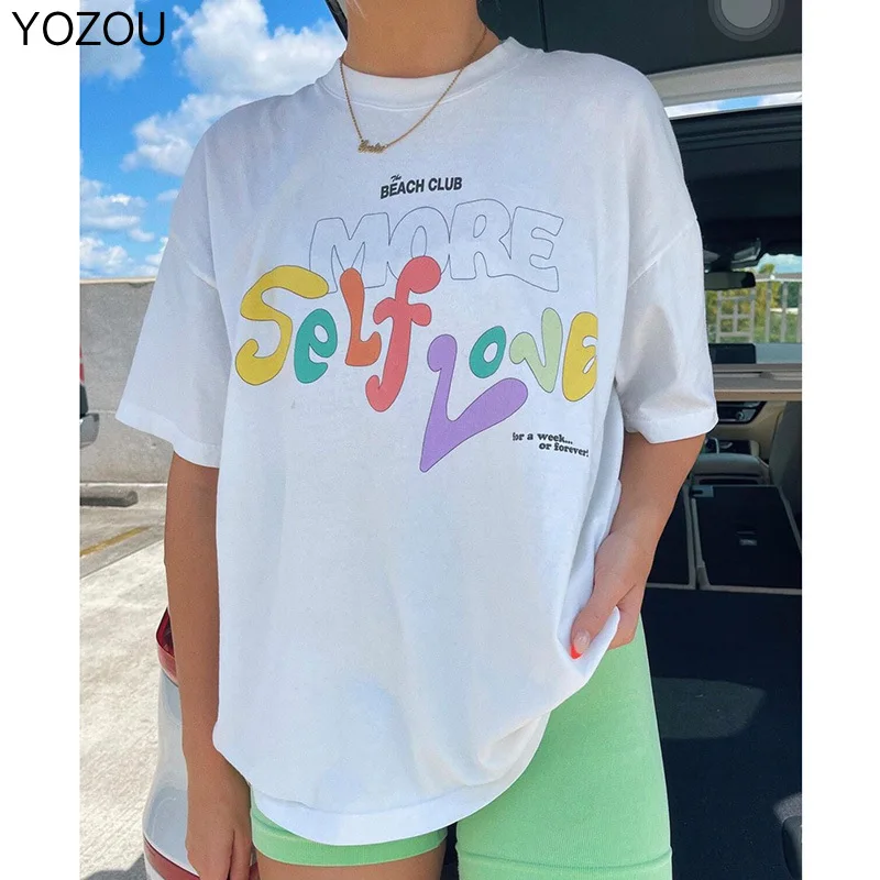 

YOZOU 2022 Summer Oversized White Top Short Sleeve Alt Rainbow Letters Print Cotton T-shirt Loose Alt Tee Aesthetic Clothes