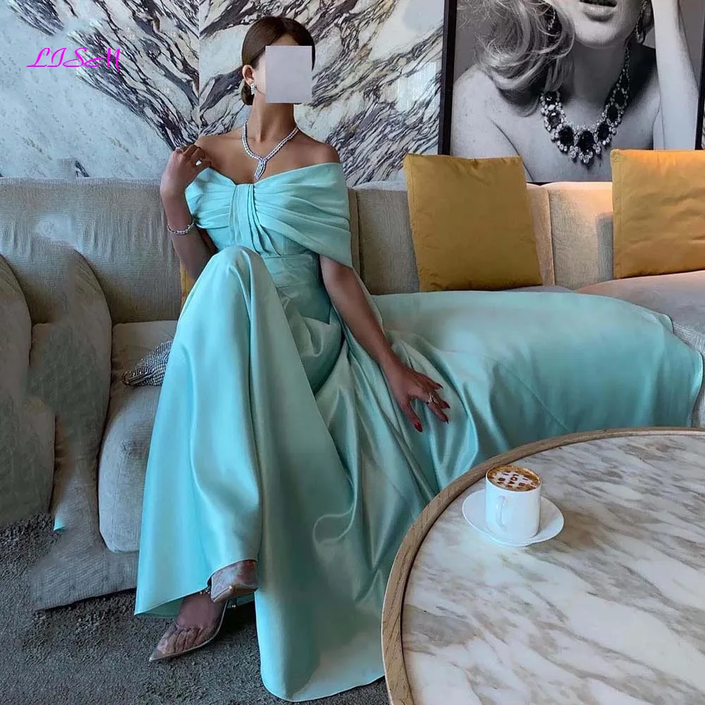 

Turquoise Arabic Women Evening Dresses Satin Cap Sleeves Formal Pageant Gowns Floor Length Dubai Event Celebrity Dress