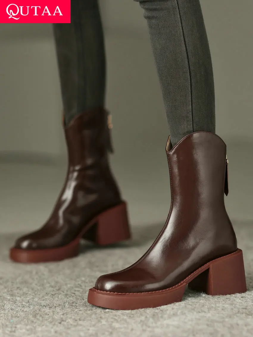 

QUTAA 2023 Women Ankle Boots Genuine Leather Thick High Heels Round Toe Comfortable Autumn Winter Shoes Woman Size 34-41