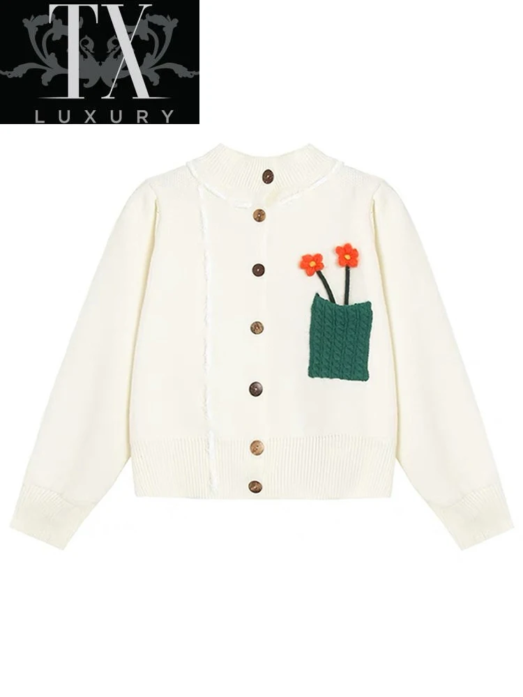 

Preppy Style Floral Embroidery Cardigan Lady Spring Stand Collar Single Breasted Wool Sweaters Loose Casual Vintage Sweater Coat