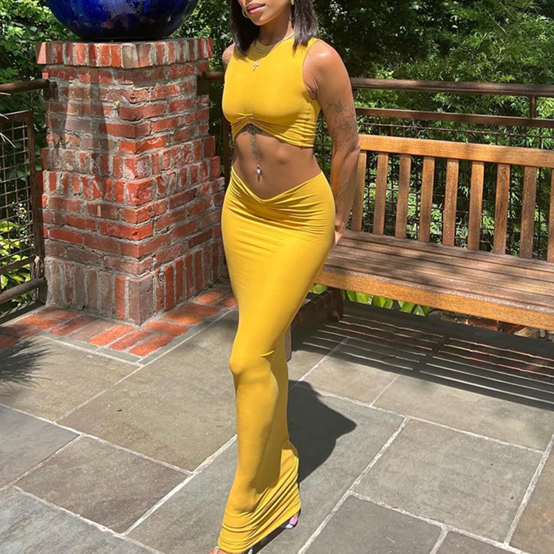 

Summer Party Club Bodycon Outfits Women Solid Sleeveless Crop Tops and Ruched Wrapped Skirts Set Ladies Casual Sexy Clothing