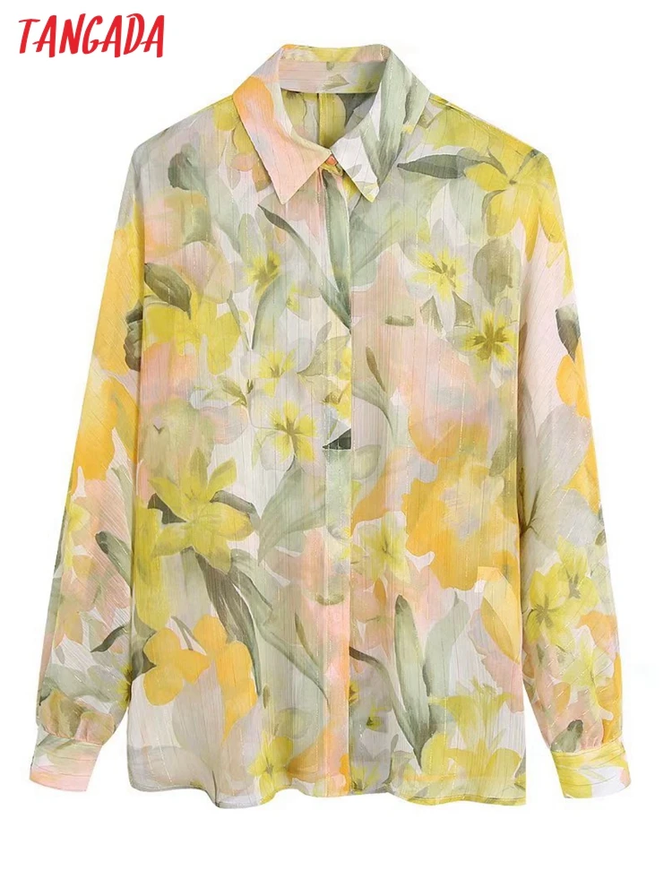 

Tangada Women Fashion Metal Floral Print Office Lady Shirts Vintage Long Sleeve Button-up Femle Blouses BE600