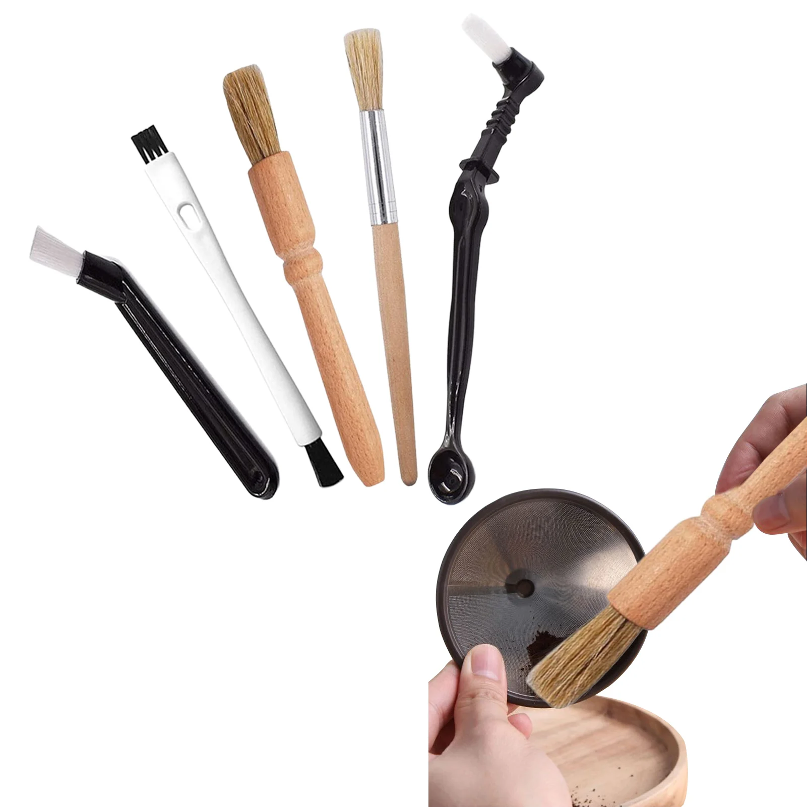 5pcs/set Coffee Brush Set Espresso Brush Kit Wooden Coffee Grinder Machine Cleaning Brush Nylon Espresso Brush