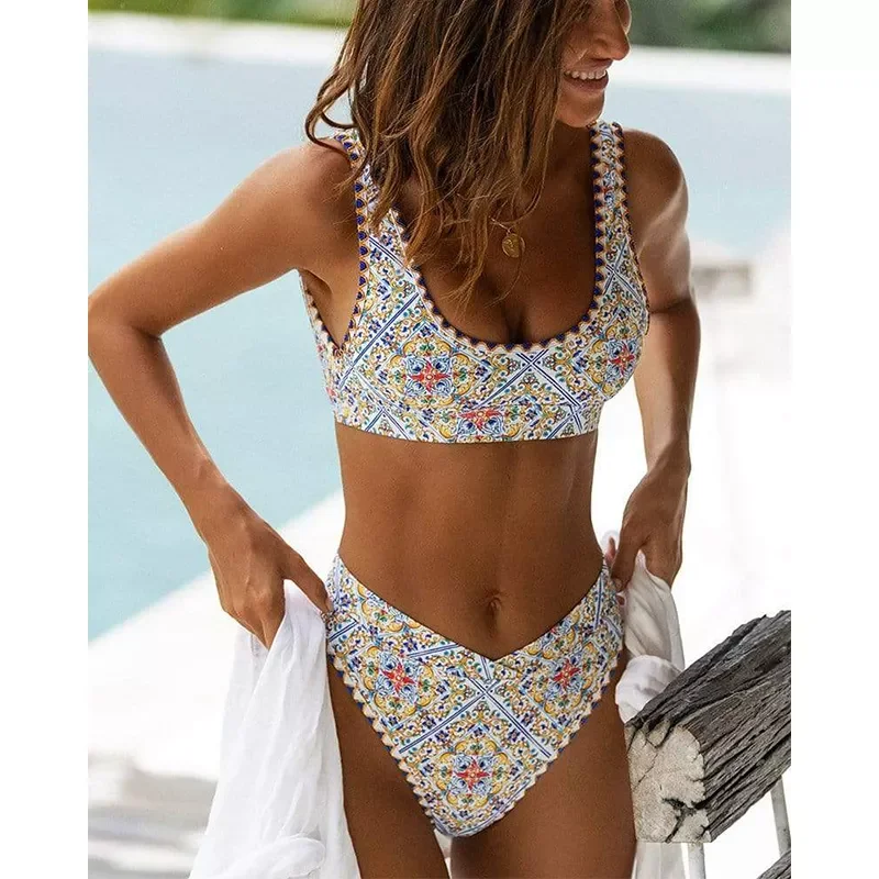 

Summer Beach Bikinis Patchwork Print Swimwear Women Swimsuit Bohemia Bathing Suits 2021 Newest Bikini Set Sexy Biquini Mujer