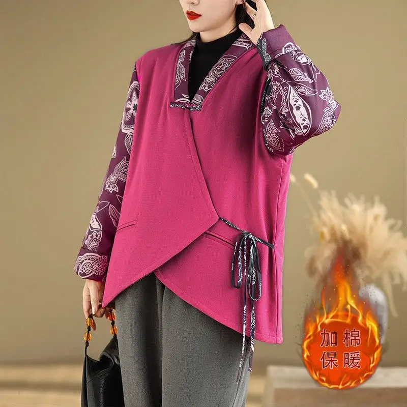 Женская стеганая куртка из хлопка и льна толстое теплое пальто с перекрестным